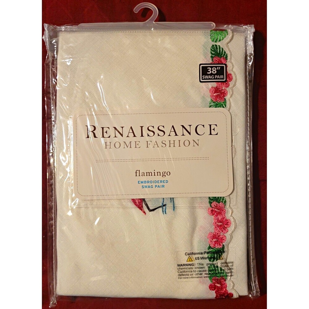 Renaissance Home Fashion Flamingo Embroidered Sheer Swag Pair 56x38 Rod Pocket